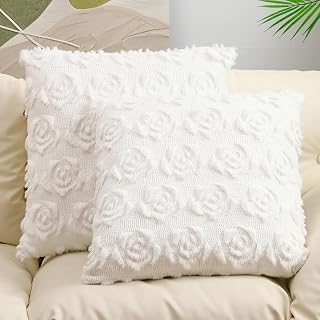 2 Sets Cute Throw Pillows Covers 18 x 18 Inch Rose Faux Fur Pillow Decorative Plush Embroidery Cushion Covers for Couch Sofa Home Bedroom Living Room Valentines (White)
