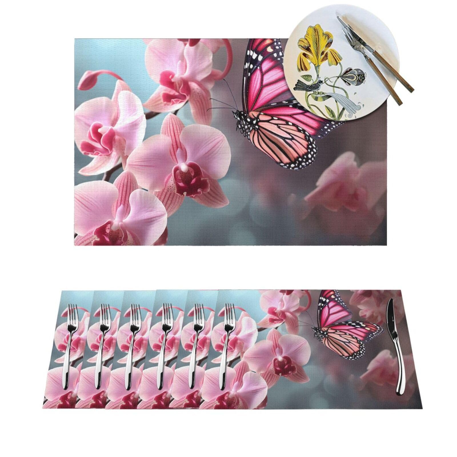Lot de 4 sets de table en PVC tissé motif orchidées et papillons pour salle à manger