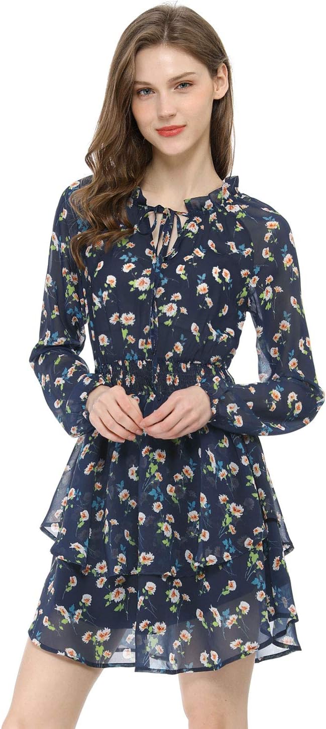 Allegra K Women's Ruffled Floral Smocked Waist Layered Tiered Chiffon Dress - Image 3