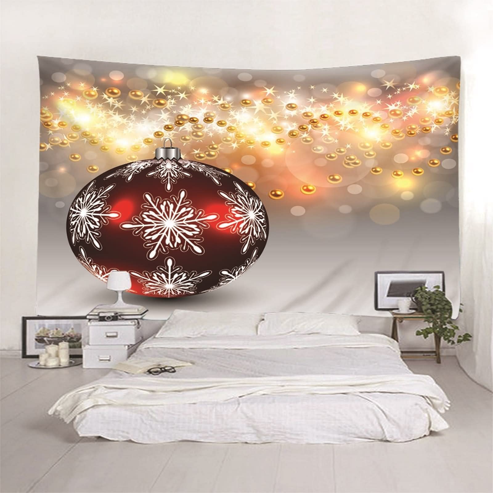 Tapices Colores, Tapiz Navideño Bola con Copo de Nieve con Estrellas Rojo Oro Blanco Gris Poliéster 240X220cm