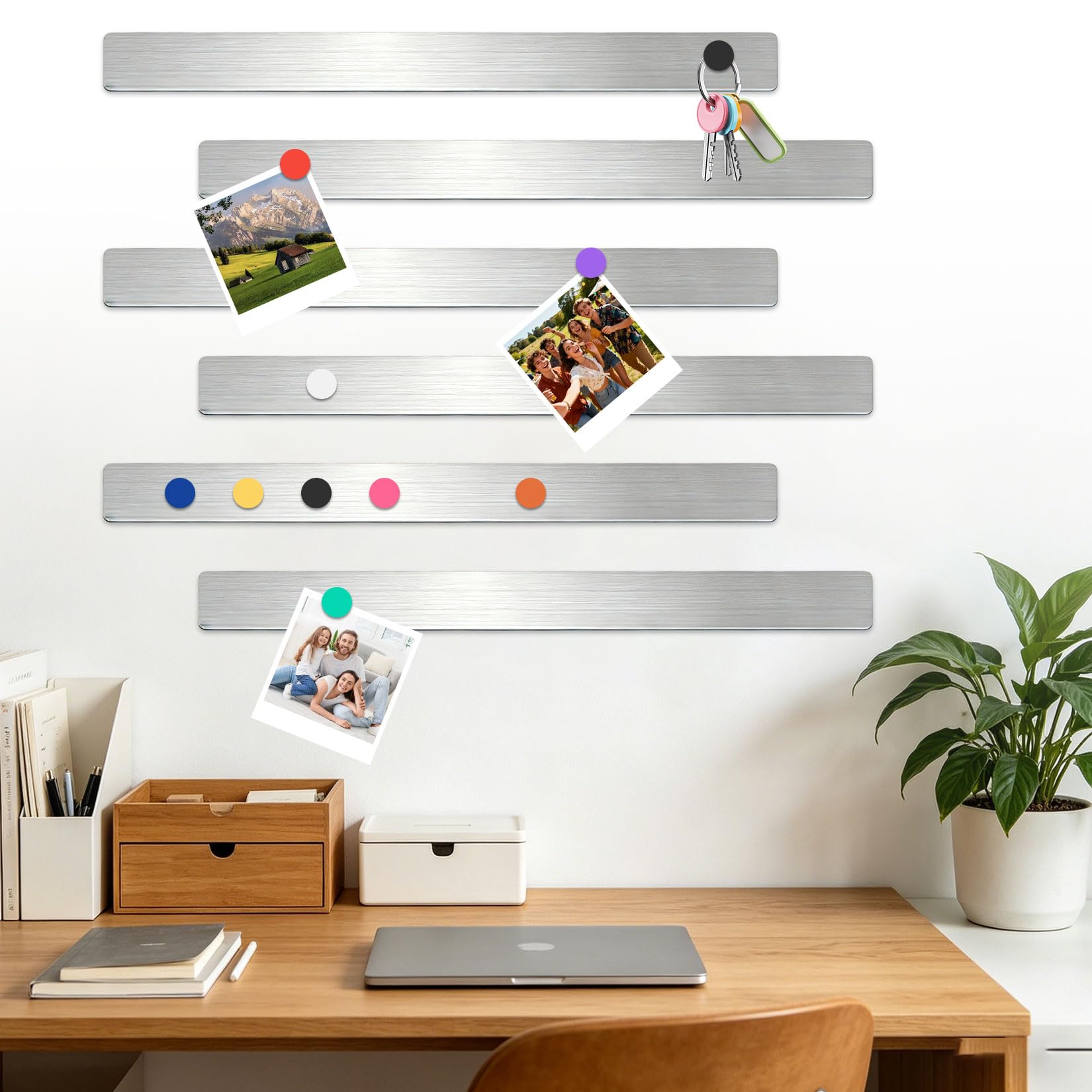 6 PcsMagnetic Strips Magnetic Board for Walls, 30 cm Magnetic Stainless Board Strips for Office Home Classroom White Boards Bulletin Bar Boards Memo Strip, with 20 Colorful Magnets