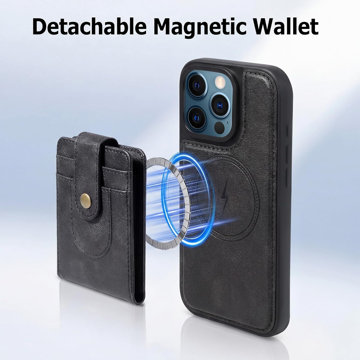 Compatible with Magsafe 3 in 1 Detachable iPhone 12/12 Pro Wallet Case with Card Holder, PU Leather Handbag Phone Purse with Zipper, RFID Blocking Strap Lanyard Kickstand Magnetic Phone Cover