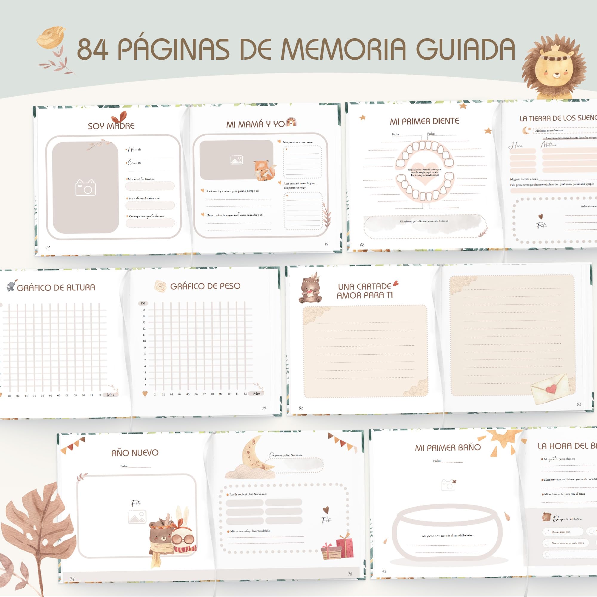 Libro Recuerdos bebe y Album Fotos bebe, 86 Páginas con Pegatinas - Desde el Nacimiento hasta los 1 Años - Baby Shower Regalo bebe Recien Nacido Niño y Niña