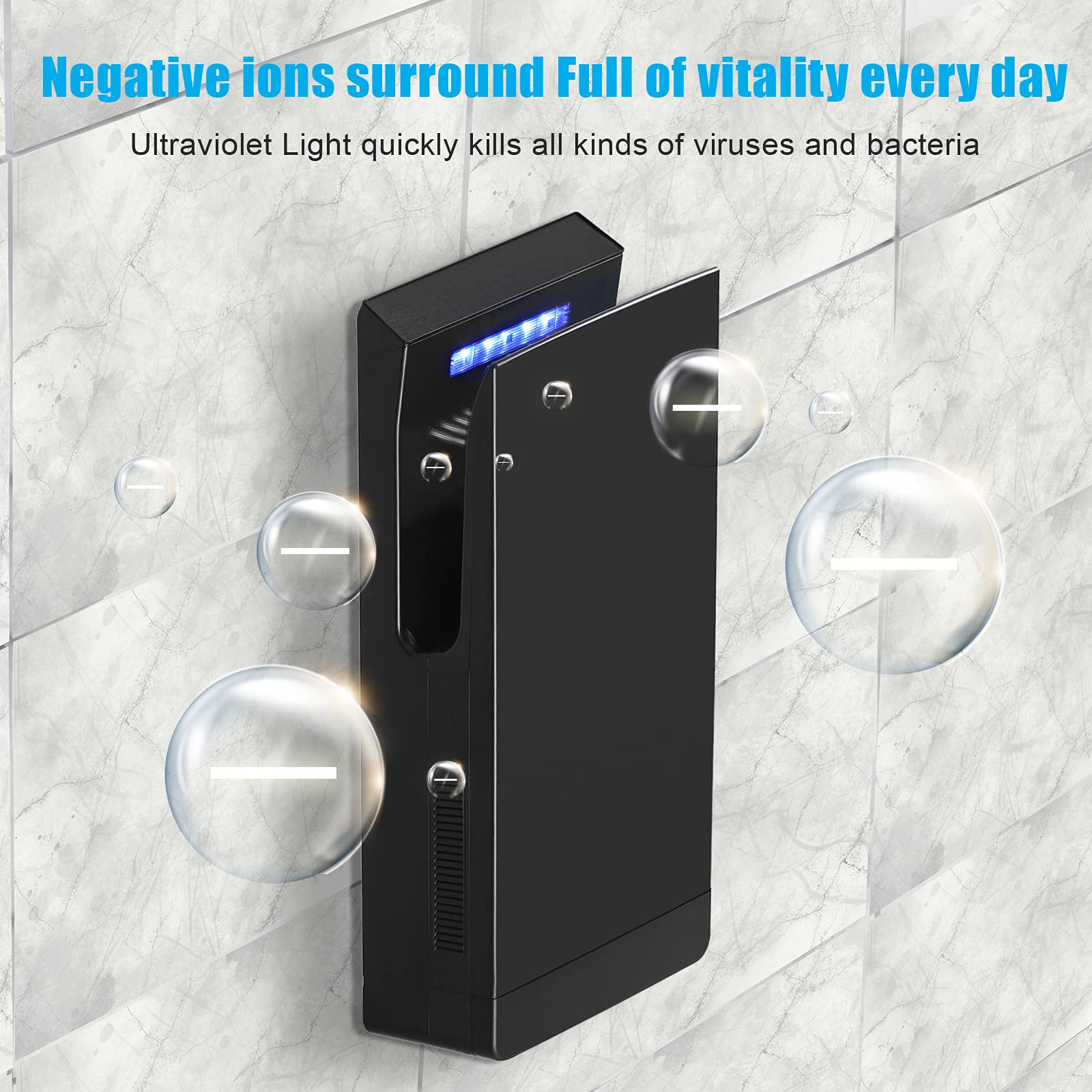 QL Sèche-Mains Électrique avec Stérilisation UV et Filtre HEPA,Air-Jet Ions 1350W Automatique,Commerciale Seche Main Mural,Noir Mat