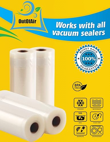 Miniatura 6 de Rollos selladores al vacío de 8 y 11 pulgadas y 25 pies (2 de cada uno, 100 pies en total) Las bolsas selladoras al vacío OutOfAir funcionan con
