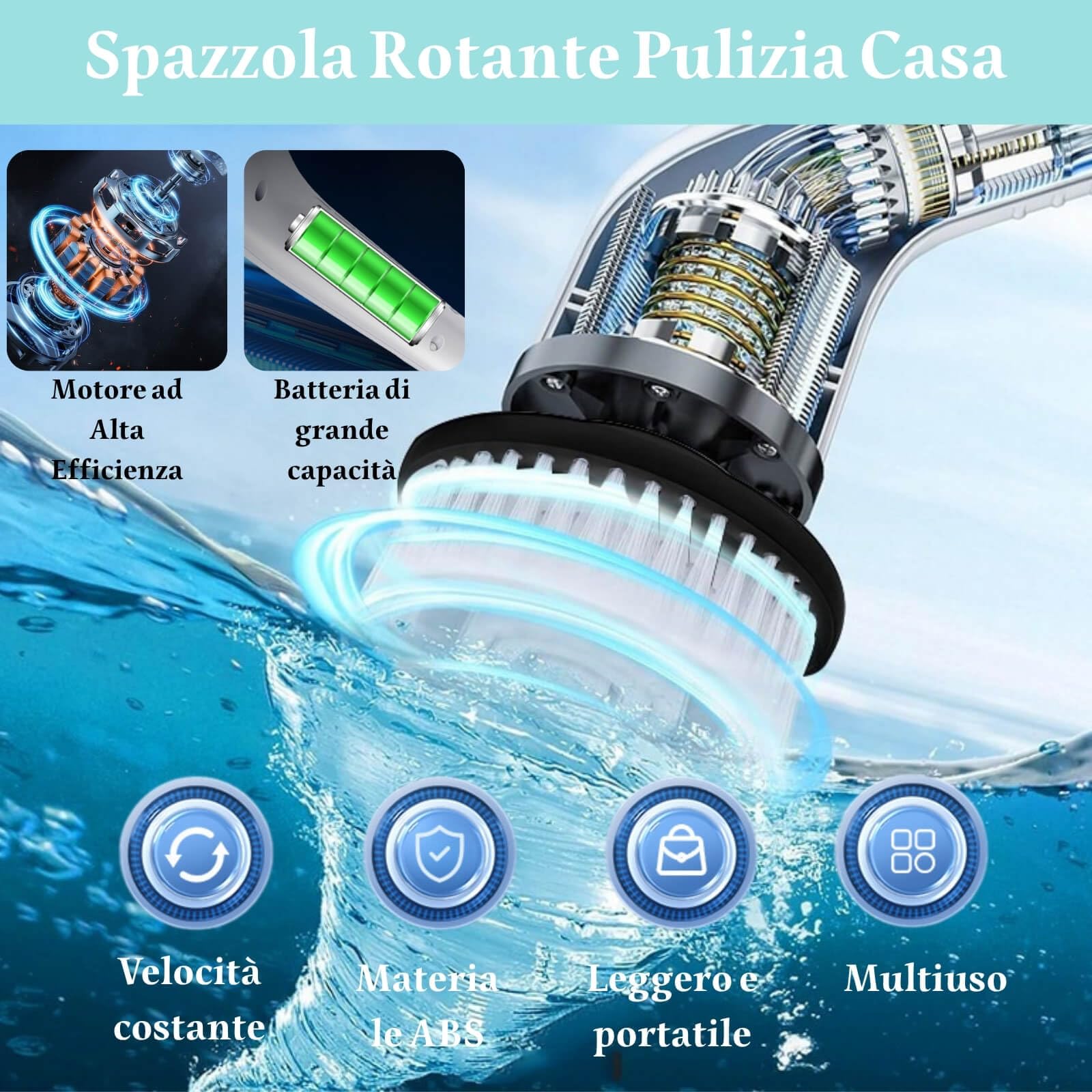 Spazzola Elettrica Rotante per Pulizia Casa, Spazzola Rotante Pulizia Casa, 9 Testine Sostituibili, 3 Velocità, Impermeabile, Ricaricabile USB-C per Bagno, Cucina, Pavimenti, Piastrelle, Auto
