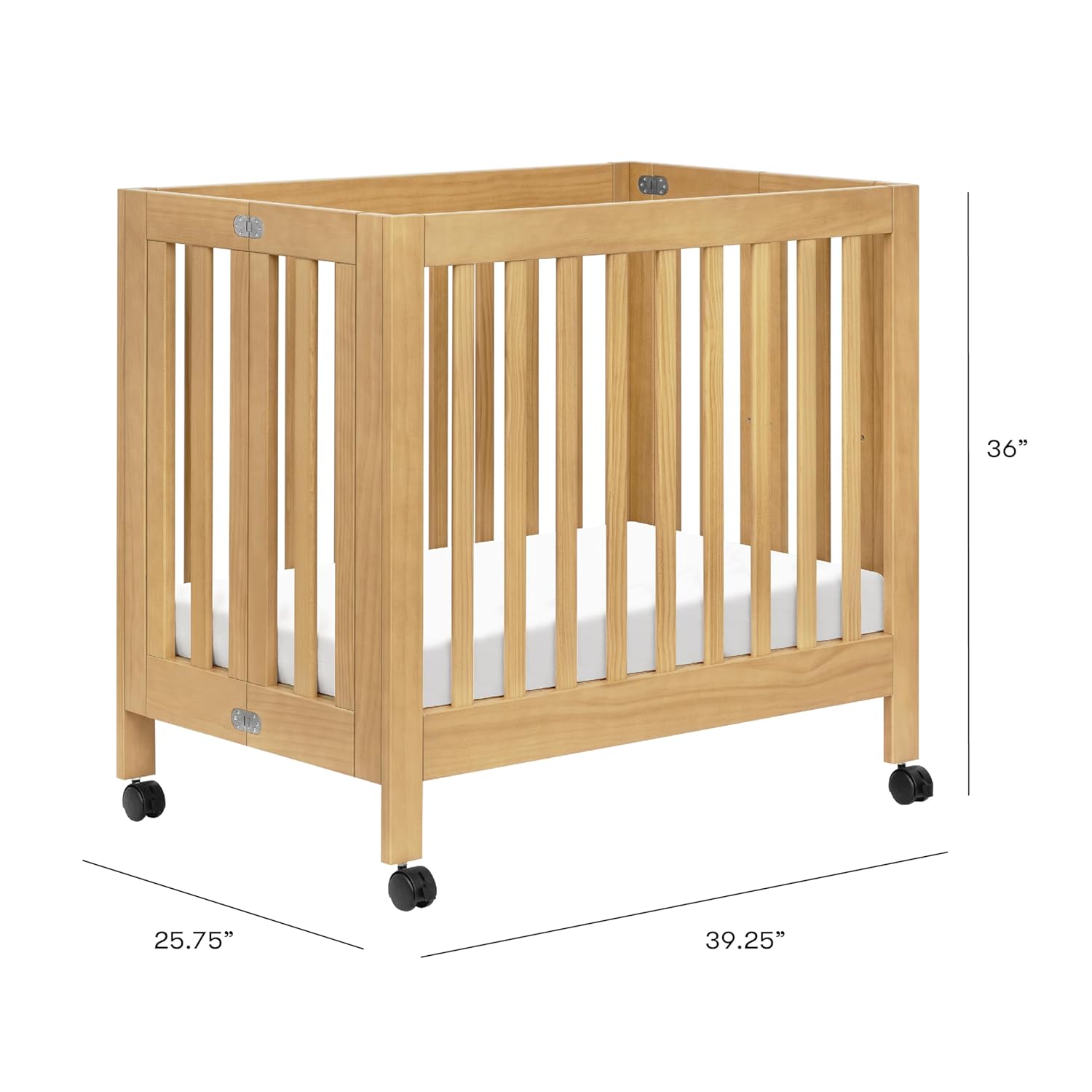 Babyletto Origami Mini Crib with Wheels - GREENGUARD Gold Certified - Portable Baby Crib for Small Spaces - Foldable & Converts to Twin Bed - Easy Setup - 2 Adjustable Mattress Positions - Honey
