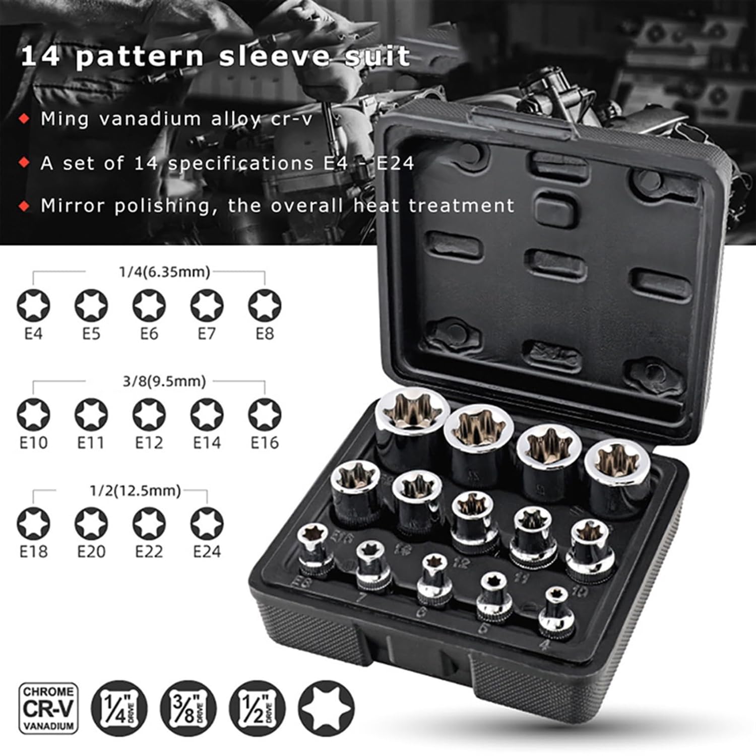 E-Torx Star zestaw nasadek nasadowych, 14-częściowy, napęd 1/4, 3/8, 1/5.1 cm, E4 – E24, zewnętrzny zestaw narzędzi dynamometrycznych z futerałem do przenoszenia