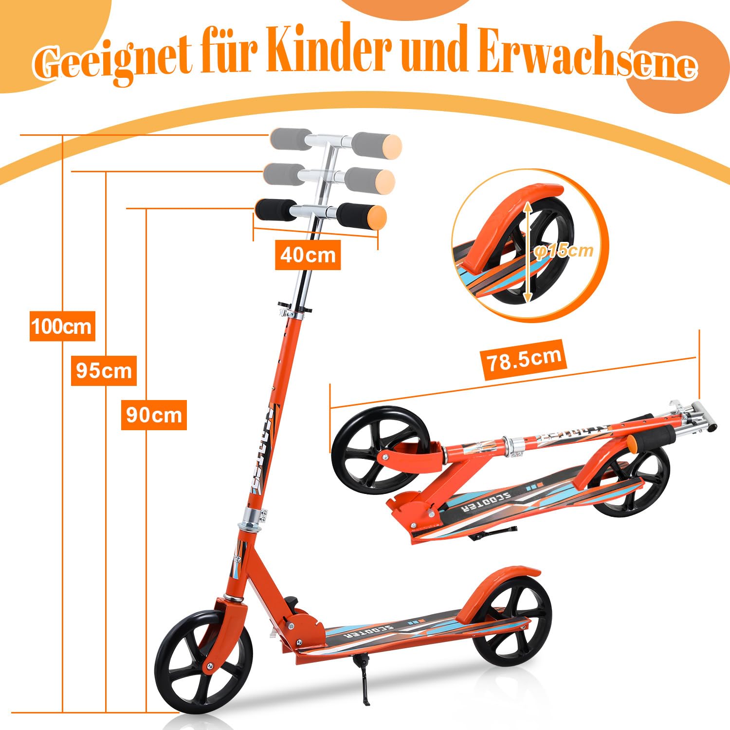 Klappbarer Kinder-Roller – mit Höhenverstellbarem Lenker (90–105 cm) und Rutschfesten Reifen; Stadtroller für Kinder ab 7 Jahren, Tragkraft 100 kg