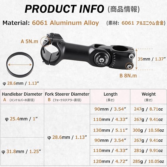 Azarxis 25.4mm 31.8mm Stem 70mm 80mm 90mm 110mm 120mm 130mm 17 35 45 60 Degree Adjustable Bike Stem Mountain Bike Stem Short Handlebar Stem for Bicycle, Road Bike, MTB, BMX, Cycling