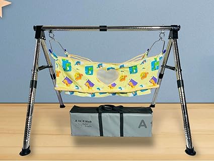 A to Z Hub Stainless Steel Foldable Baby Cradle/Ghodiyu/Baby Swing/Baby Jhula with Free Cotton Flat Hammock with Mosquito Net. (Black)