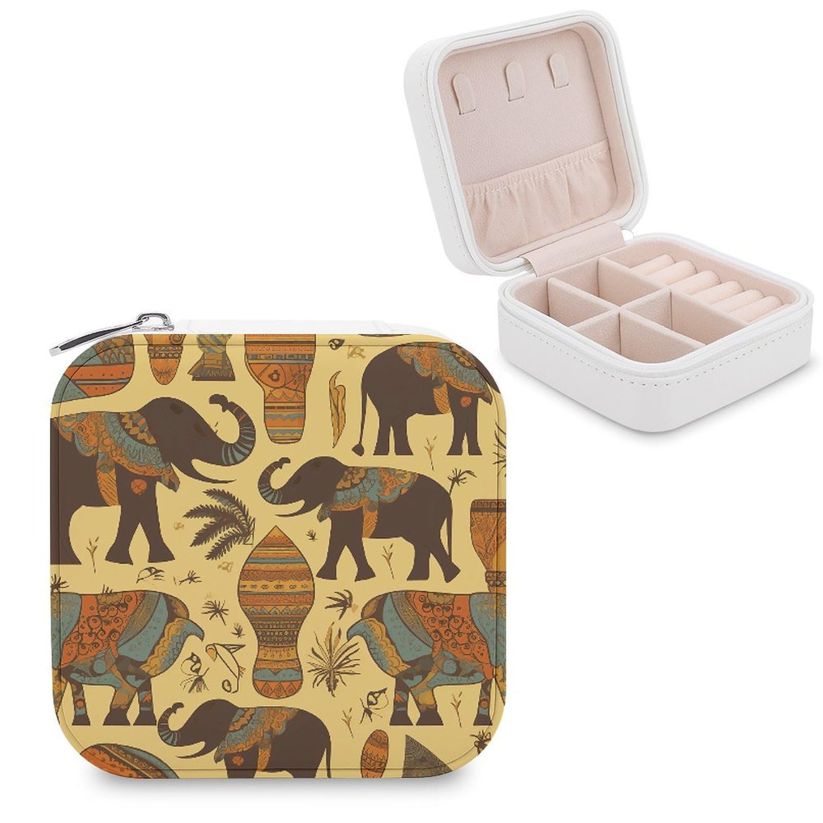 VstaDank Africa Elephant Jewelry Box Portable Mini Travel Case Display Storage Holder Boxes PU Leather Small Jewelry Organizer for Women for Stud Earrings Rings Necklaces Bracelets
