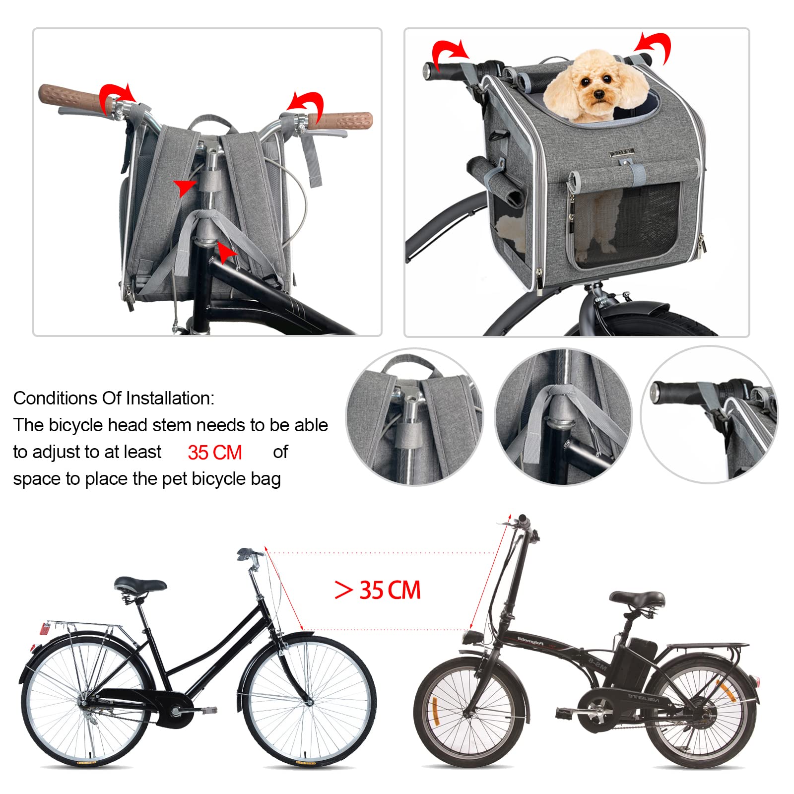 Panier de vélo extensible et souple avec 4 portes ouvertes, 4 fenêtres en maille pour petits chiens, chats, chiots - Gris