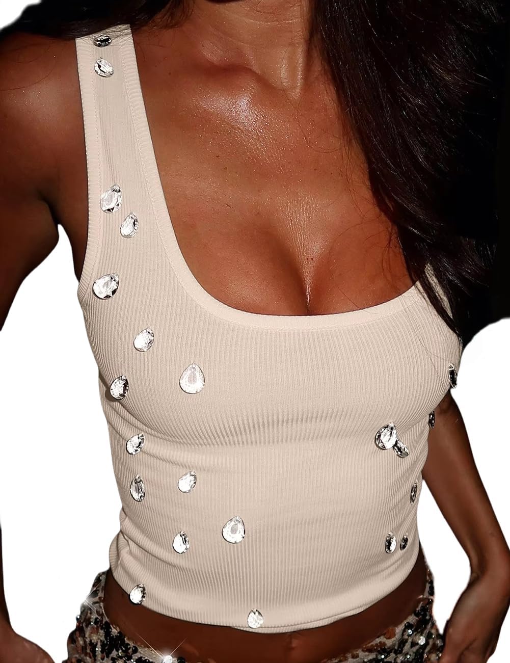 FAIMILORY Angels' Tears Y2K Women's Rhinestone Embellished Ribbed Square Neck Sleeveless Crop Top