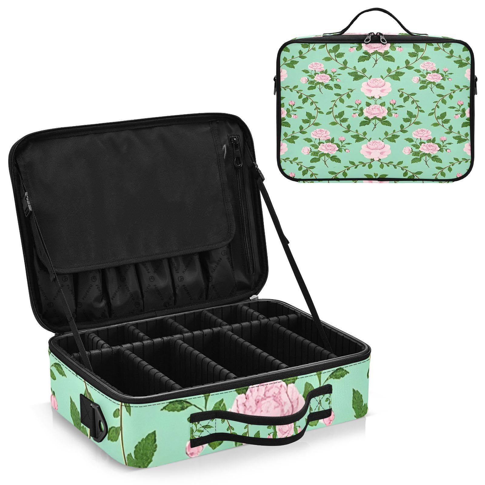zyrtty Travel Makeup Train Case Green Peony Flowers Pattern Cosmetic Organizer Portable Storage Bag with Adjustable Dividers for Cosmetics Brushes Toiletry Jewelry Digital Accessories