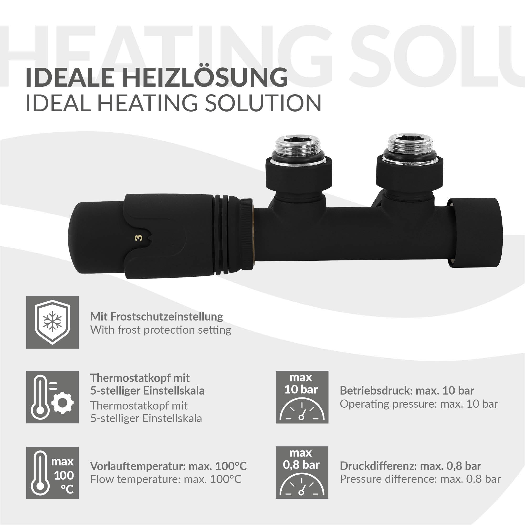 LuxeBath Ventil-Armaturen Set Multiblock Schwarz Eckform Rohre aus Wand mit Thermostatkopf für Badheizkörper Mittelanschluss Anschlussgarnitur Anschlussarmatur Hahnblock Heizkörperventil Eckausführung