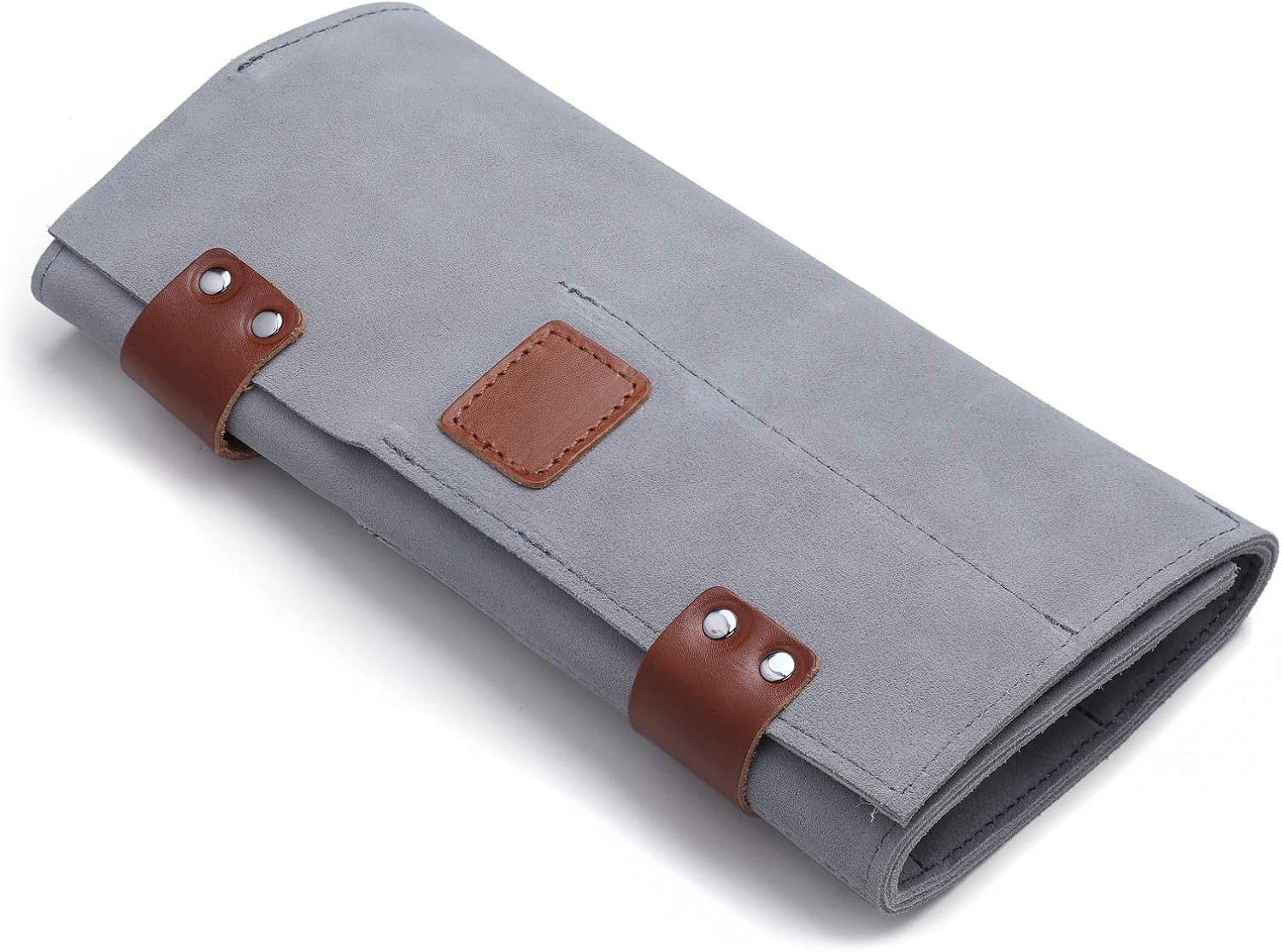 PERFEHAIR Friseurtasche in Grau – Professionelle Werkzeugtasche mit 12 Fächern für Scheren & Barber-Zubehör (Roll-up Design, Haarabweisend) – Leichte Ledertasche für Salon, Reise & Geschenk