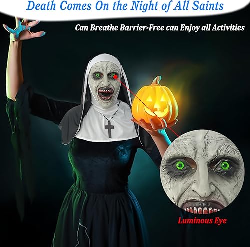 Miniatura 4 de Máscara de terror de monja 2024, máscara de disfraz de cabeza completa con collar de cruz para fiesta de Halloween