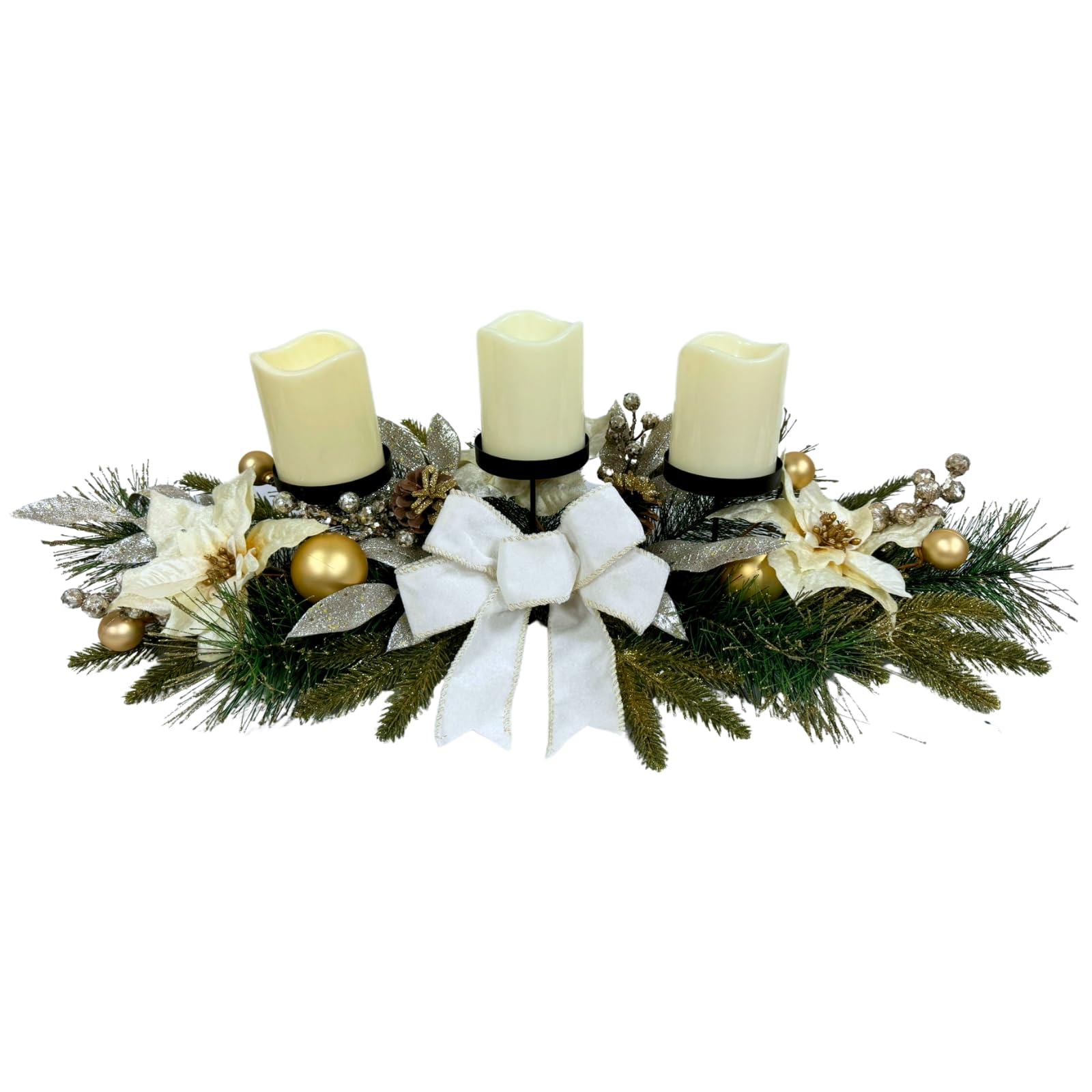 Svndlyn Portavelas de Navidad, centro de mesa de Navidad, 3 portavelas con flores de Pascua blancas, lazo decorativo con purpurina y ramas de pino, piñas para centro de mesa, decoración navideña