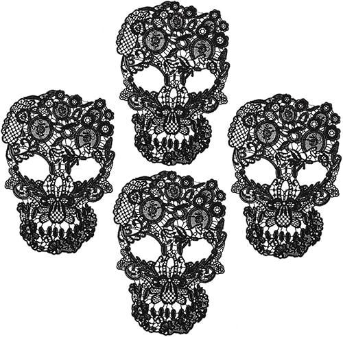 KJHBV 4 vestidos de encaje con adornos de encaje, apliques negros de moda, decoración de moda, ramillete negro, esqueleto, apliques de encaje,