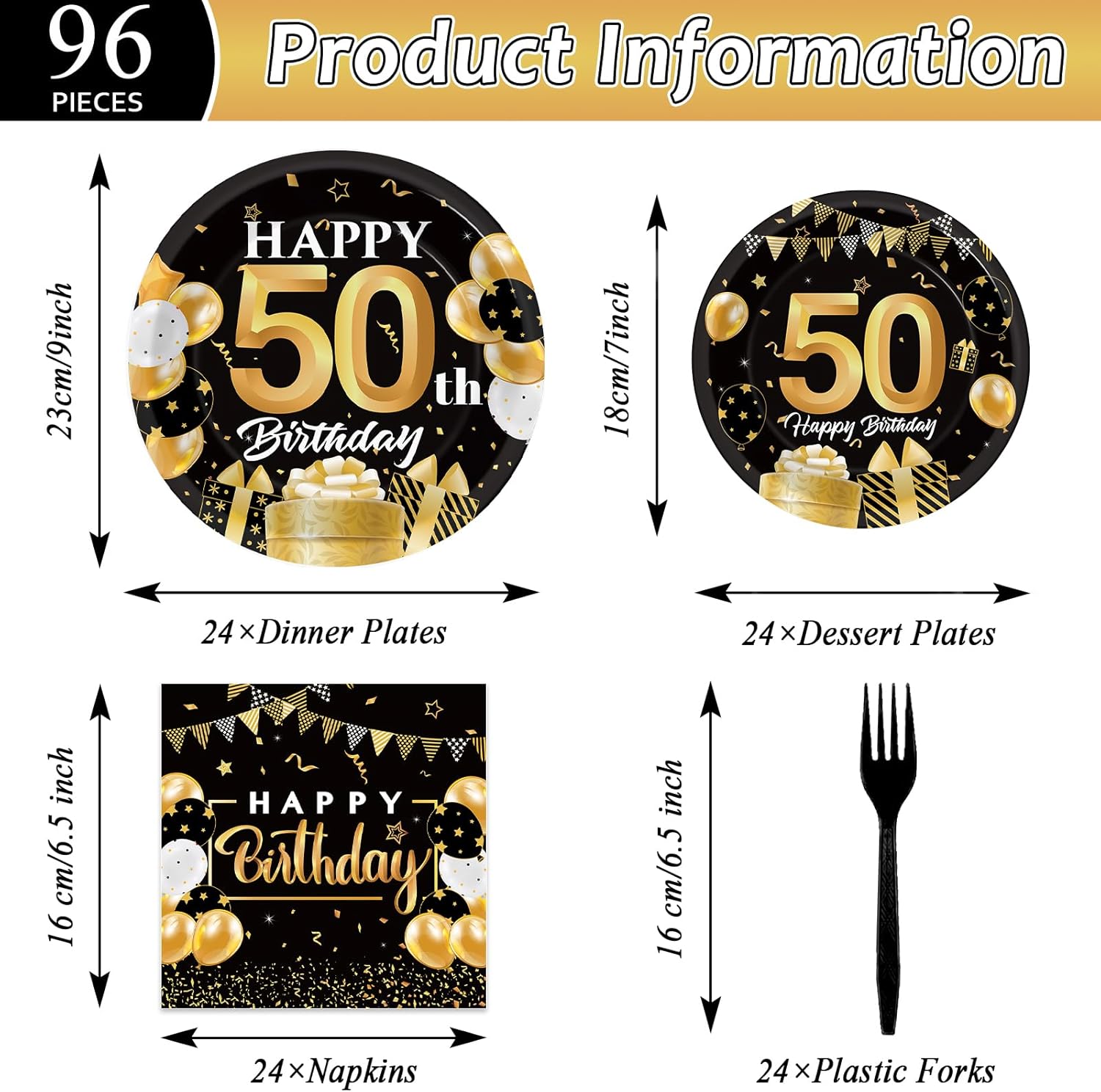 OBUSATT 96Pcs 50th Birthday Party Tableware Set Black and Gold Birthday Party Dinnerware Cheers to 50 Years Birthday Party Plates Forks Napkins 50th Birthday Party Supplies for Men Women 24 Guests - Image 2