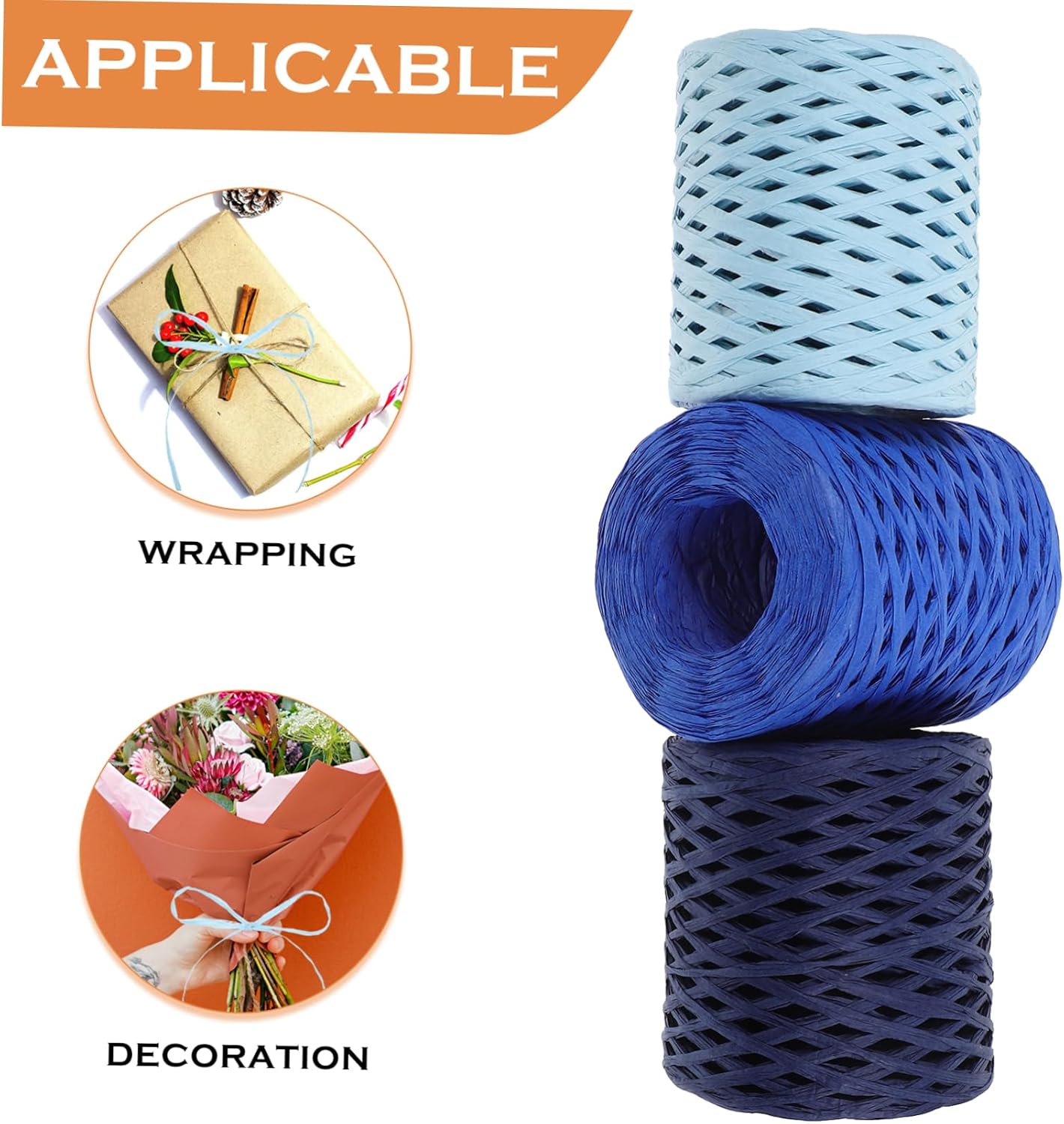 3rolls Raffia Ribbon for Wrapping Paper Raffia Rope Decorative Twine Craft Paper Rope for Wrapping DIY Projects
