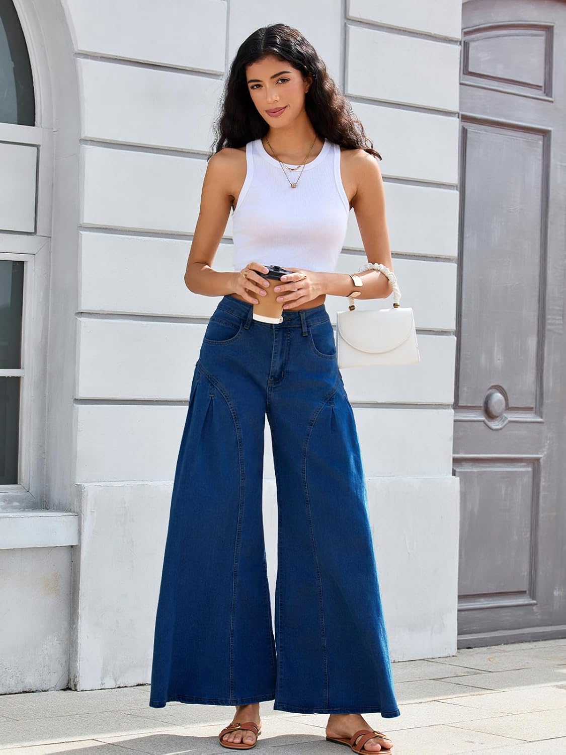 Women Bell Bottom Jeans High Waist Stretch Wide Leg Baggy Flared Pleated Vintage Casual Loose Denim Pants - Image 6