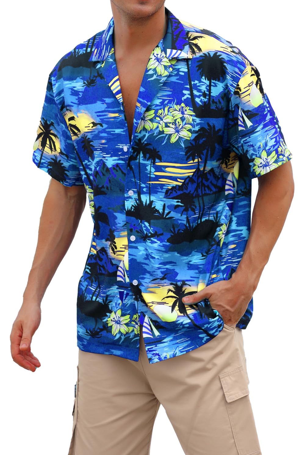 Cromoncent Camicia hawaiana per ragazzo e uomo, a maniche corte, colletto cubano, tropicale, estate, spiaggia, Blu reale hawaiano, XL