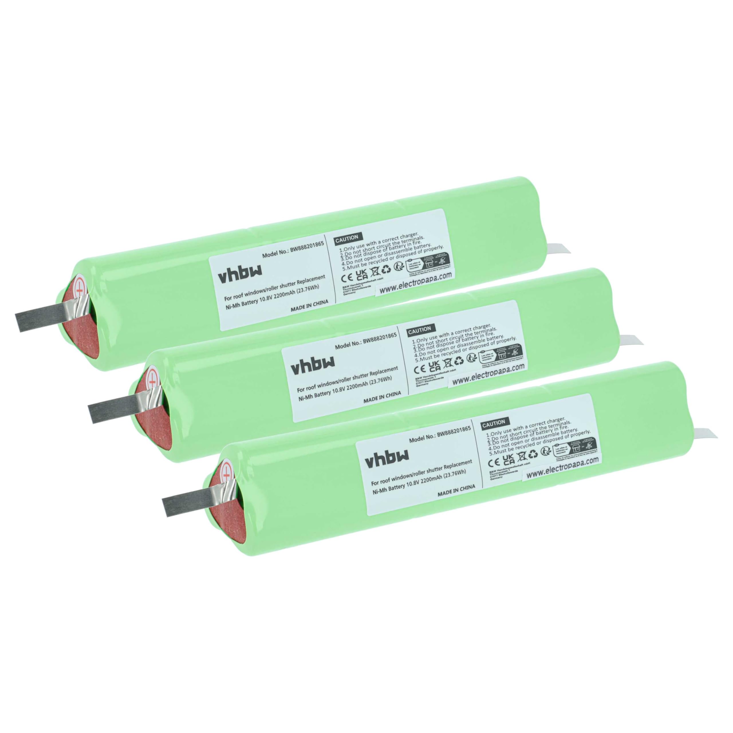 vhbw 3 x akumulator do rolety okiennej Velux 946933 946930 (2200 mAh, 10,8 V, NiMH)