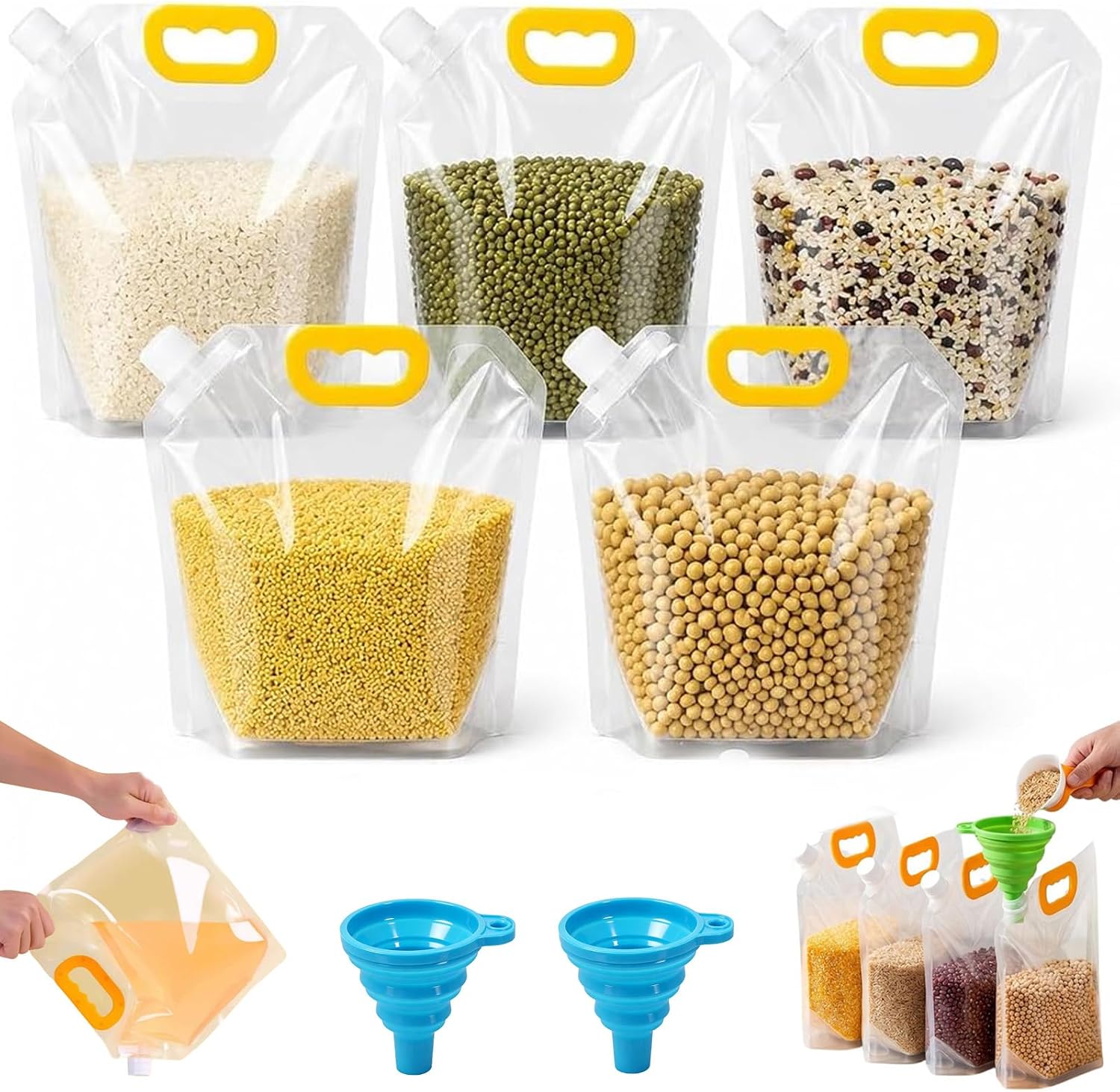 Airtight Grain Storage Bags with Handle, 5Pack Reusable Clear Cereal Container Bags with Funnel & Pour Spout, Stand-Up Moisture-Proof Rice Pouch (5PC 2.5L)