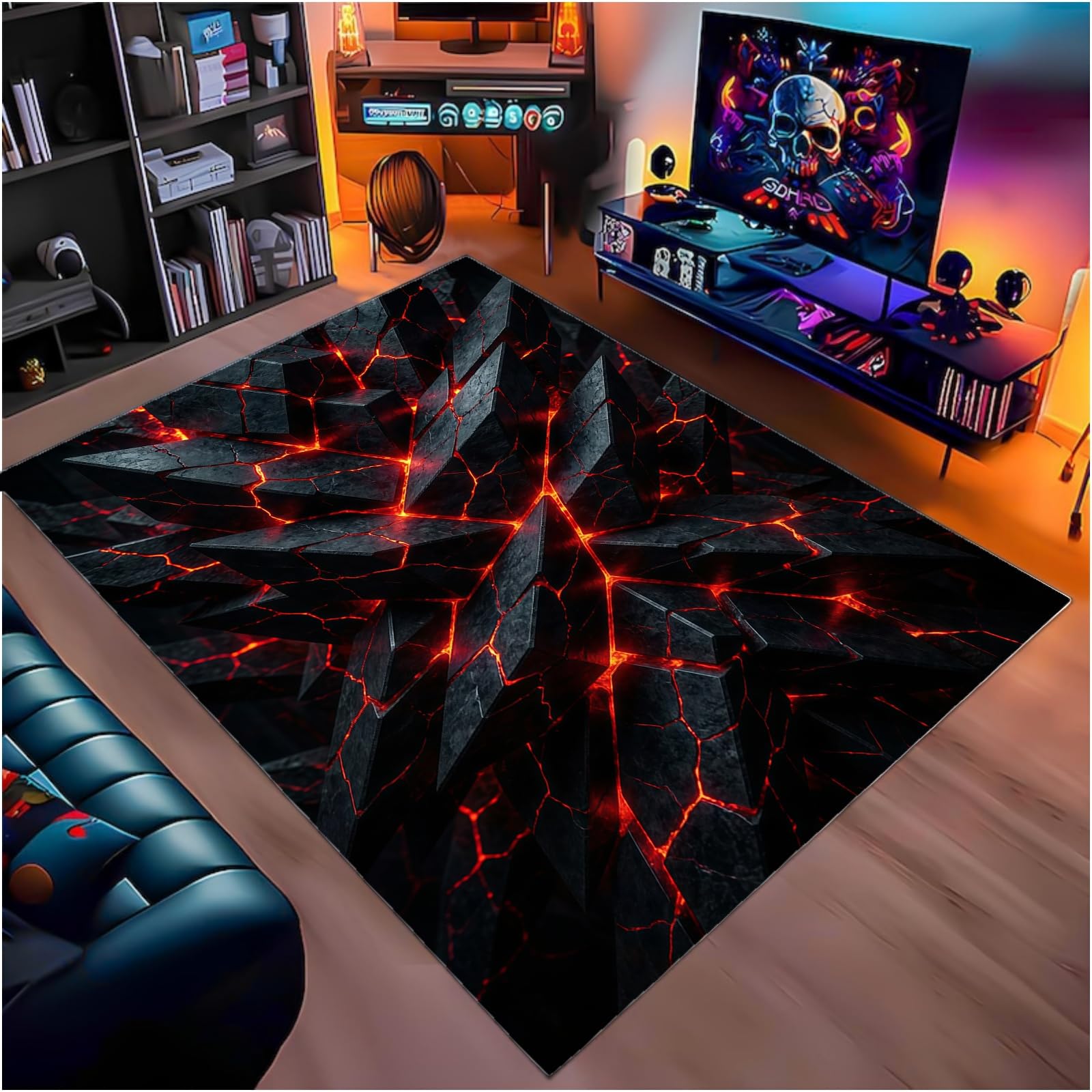 Moderne Tapis Chambre Adolescent Effet Lave Craquelé Illusion Optique 3D Grise Noire Rouge Antidérapant, Paillasson Décoratif Tapis pour Salon, Bureau et Couloir, 160x230 cm, Color 6