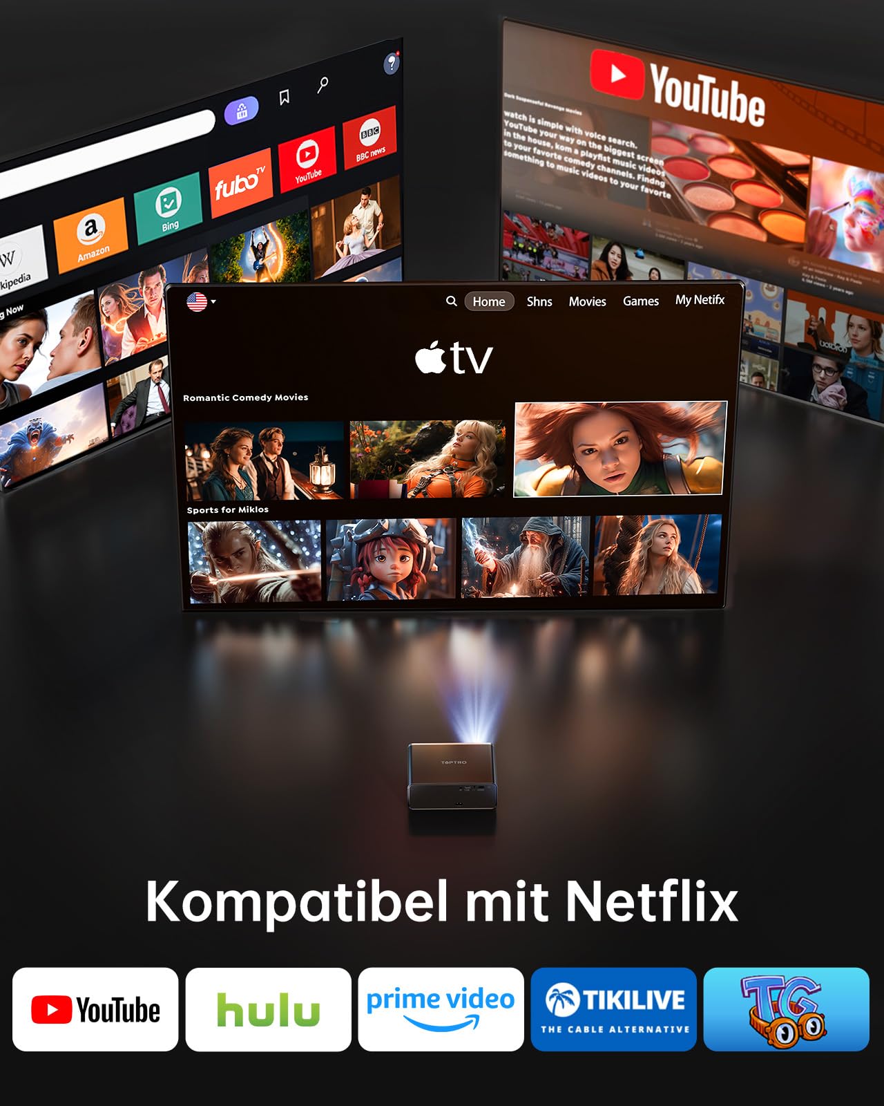TOPTRO Smart Beamer Kompatibel mit Netflix, 20W Dolby Audio, 1200ANSI | Autofokus/6D Trapezkorrektur, Beamer 4K Heimkino Unterstützt, FHD1080P HDR10 WiFi 6/2-Wege-Bluetooth, geräuscharmer Projektor
