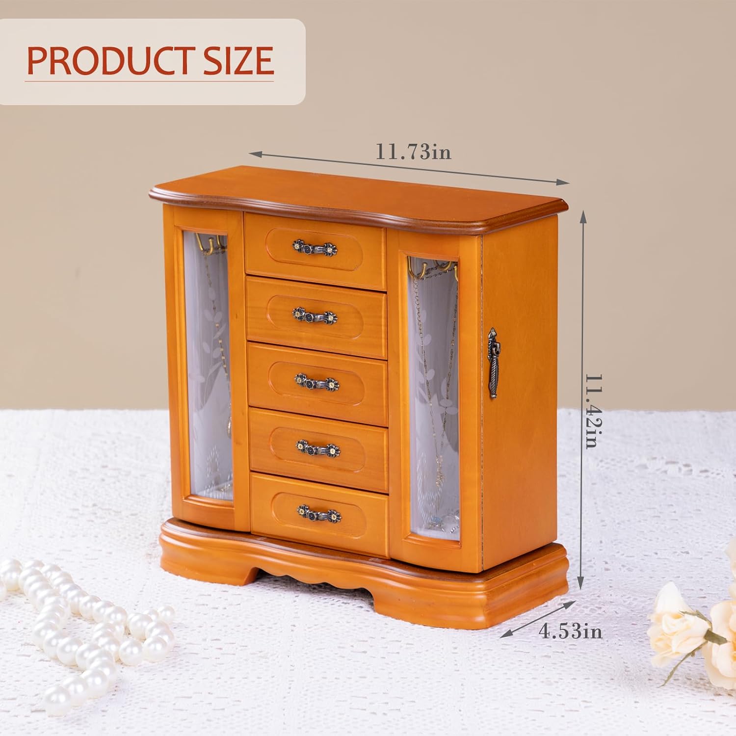 Jewelry Boxes For Women,Handle Carving Craft Wooden Jewelry Box,With 12Hooks And Velvet Lining Large Vintage Jewelry box,Suitable As Gift For Friends(Brown) - Image 3