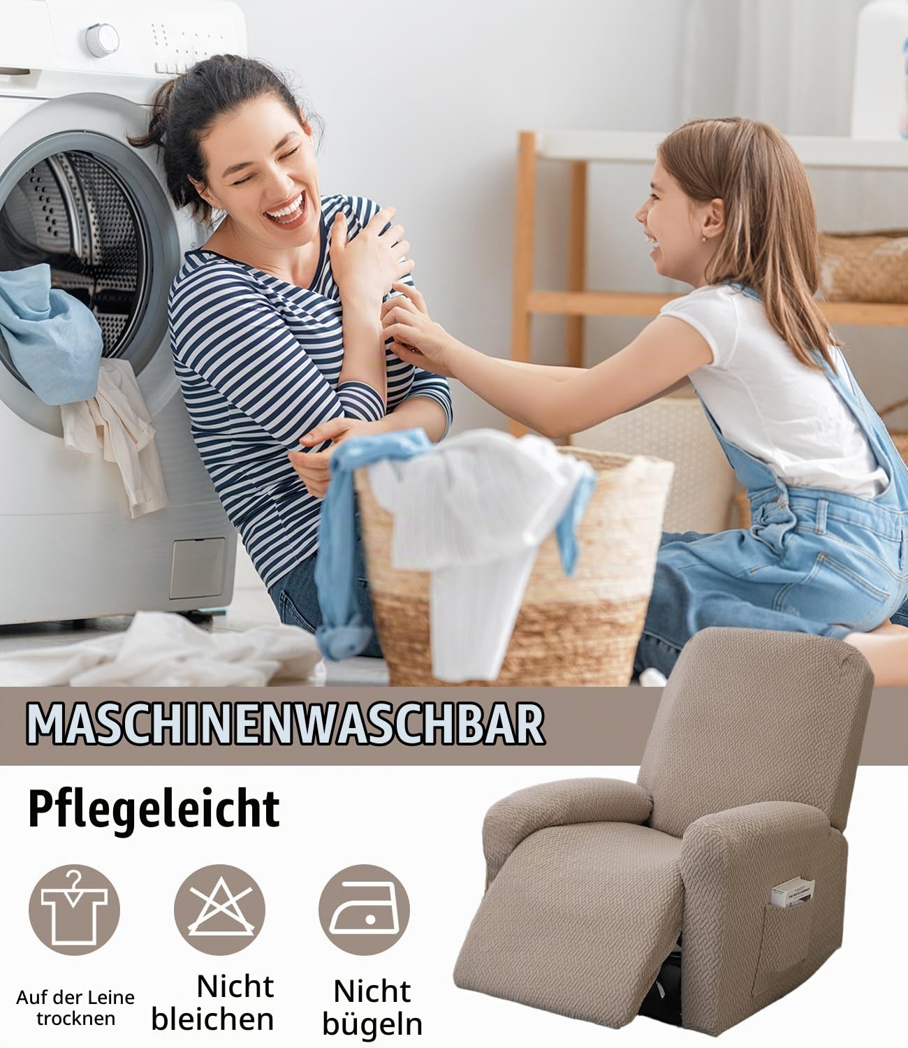 sesselschoner für Relaxsessel 1 Sitzer, 4-Teilig Jacquard Khaki Sesselschoner für Fernsehsessel und Relaxsessel mit Taschen, Stretch Sesselbezug mit armlehne