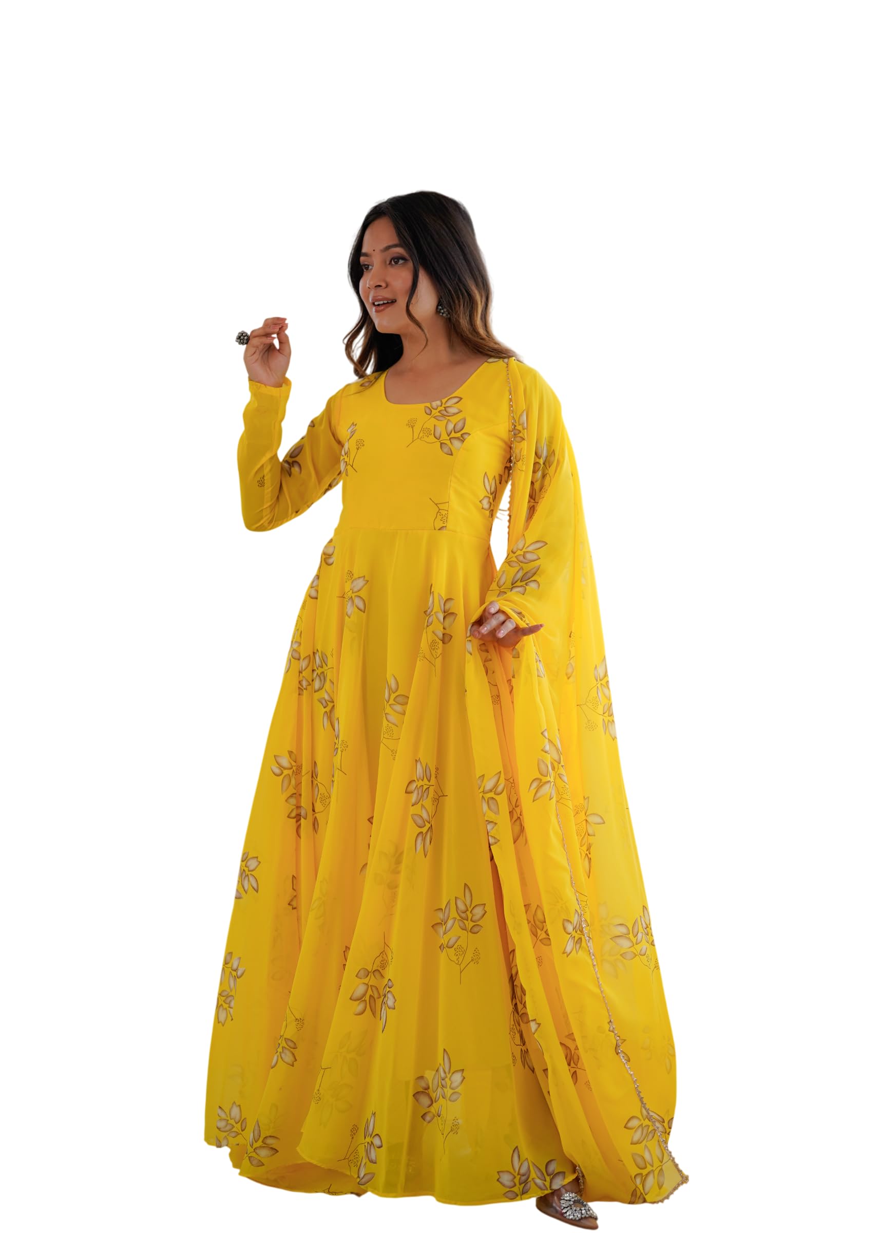 Women's Georgette Printed Gown Dress with Dupatta | Festive Leaf Print Gown for Women Anarkali | Full Sleeve Indian Gown for Girls & Ladies (Yellow)-image-34