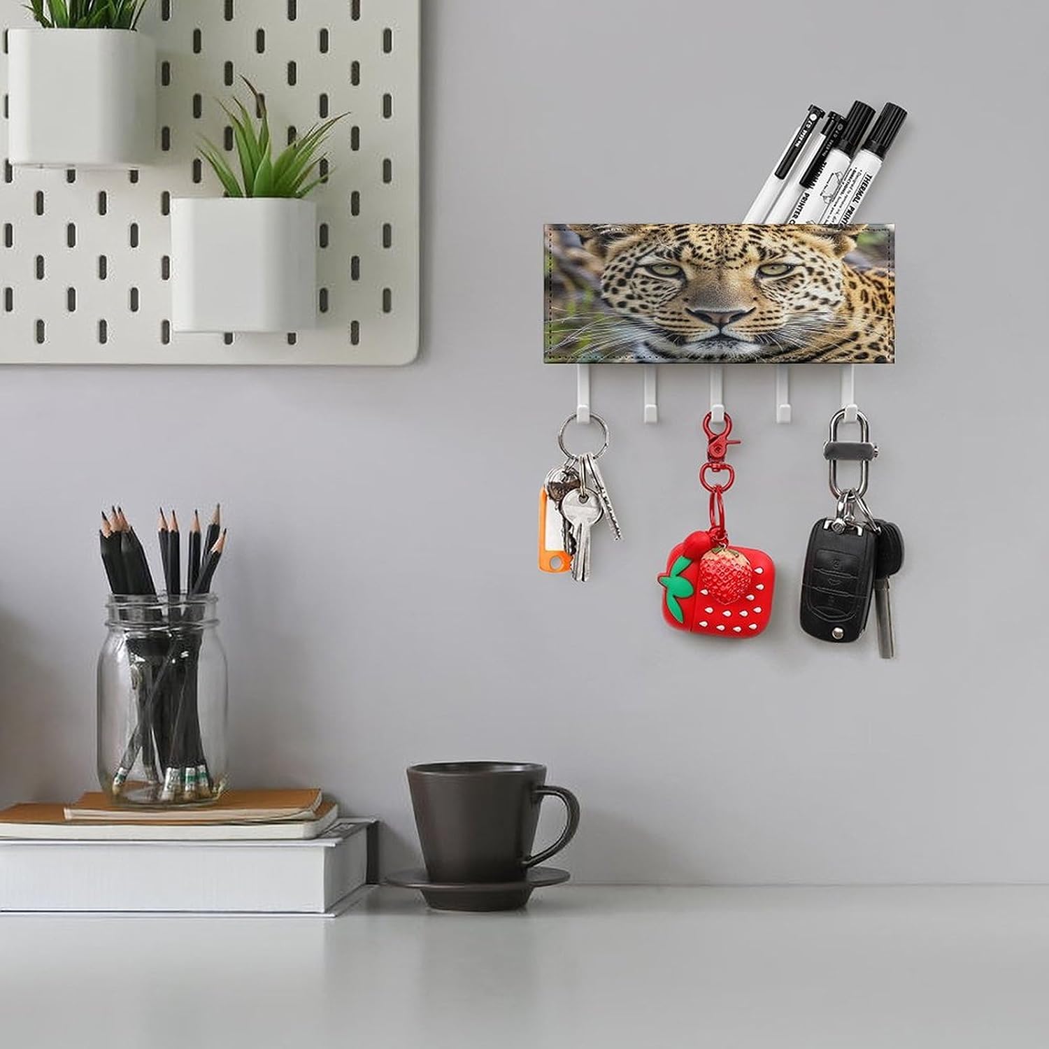 Key Holder Wall Mount Key Hanger with 5 Hooks, Decorative Key Rack | African Animal Leopard Hanging Key Hooks with Mail Organizer for Wall Living Room Kitchen Bathroom Hallway