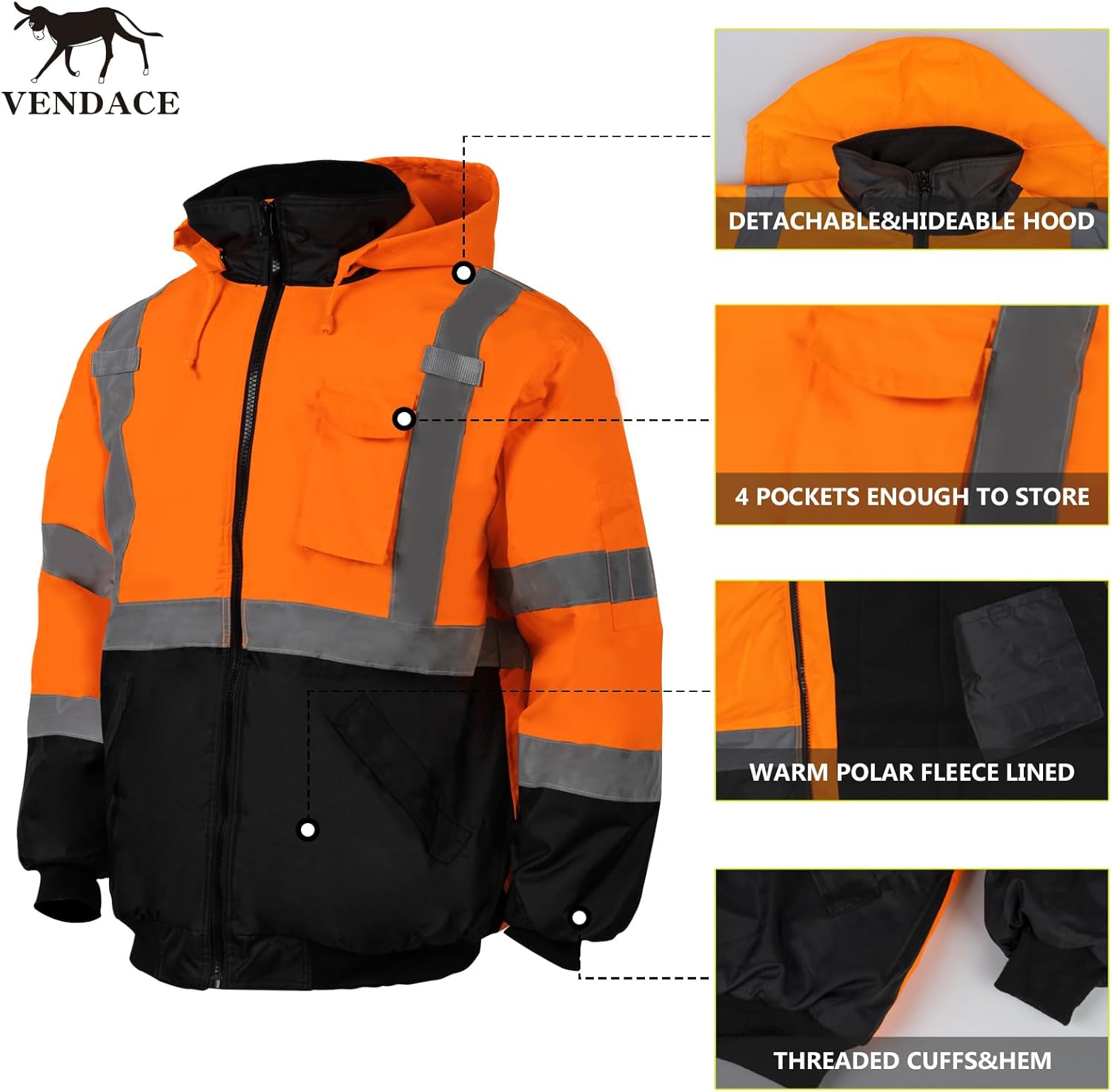 VENDACE High Visibility Reflective Safety Jackets for Men Polar Fleece Lining ANSI Class 3 Hi Vis Winter Bomber Jacket Hoodie(Orange,L) - Image 4