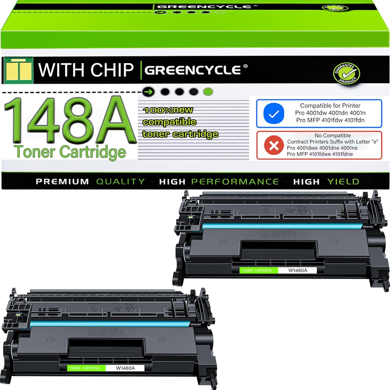 greencycle 148A with Chip W1480A Toner Cartridge Replacement Compatible for HP 148A Black Toner Cartridge Work with Laser Jet Pro 4001dw 4001dn 4001n MFP 4101fdw 4101fdn Ink Cartridge(2PCS,with Chip)