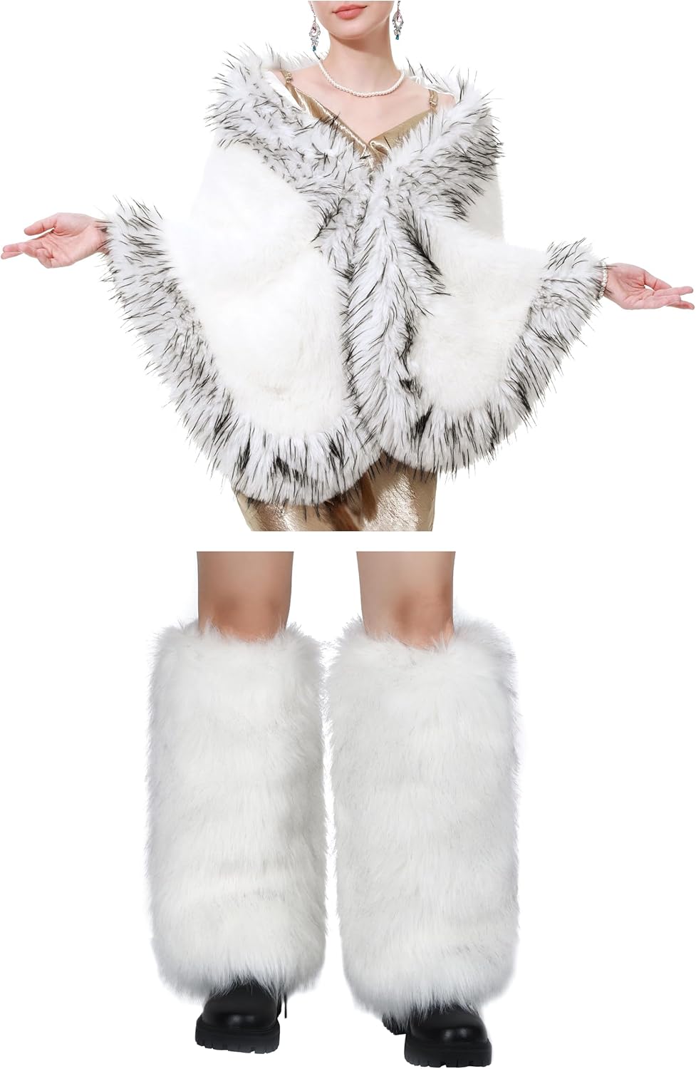 LA CARRIE Women Faux Fur Shawl Cape and Faux Fur Leg Warmers 2pc Set