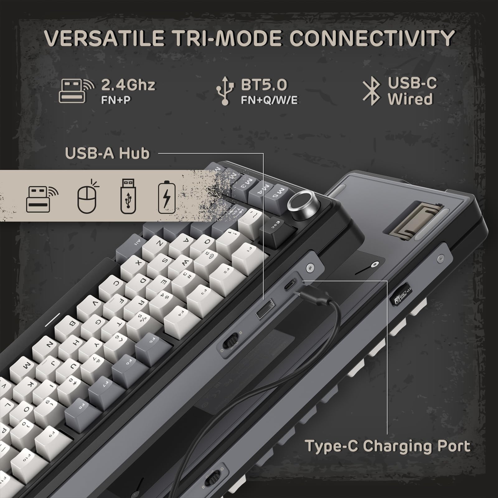 RK ROYAL KLUDGE L75 Teclado mecánico de montaje de junta con perilla/teclas macro y placa de identificación táctil, teclado inalámbrico TKL 75% de triple modo BT/2.4G/USB-C, intercambiable a caliente