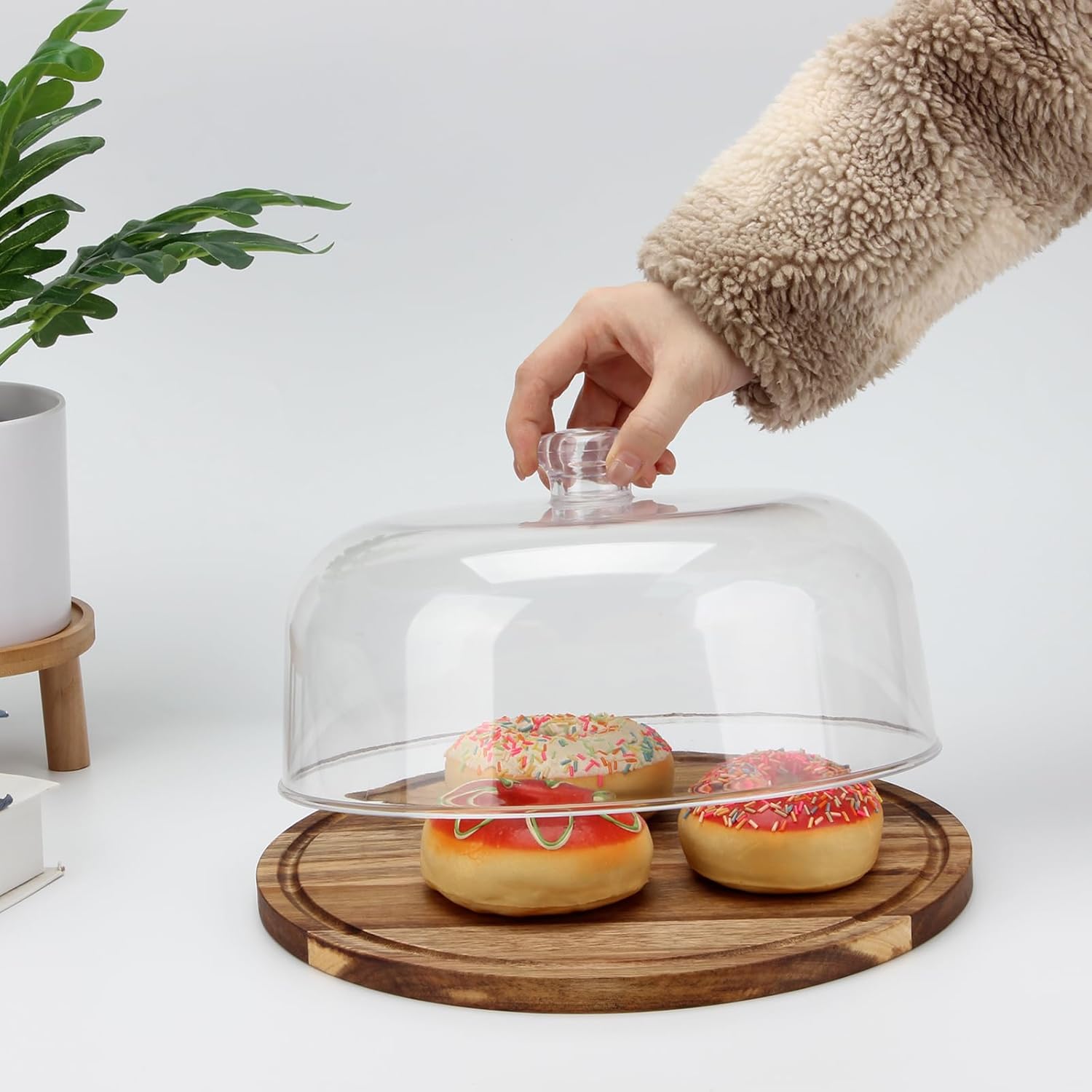 10.4"Clear Wooden Acrylic Dessert Dome with Base, 11.8"Decorative Cake Tray with Dome Cover Lid, Cake Fruit Display Server Tray for Kitchen, Birthday, Weddings, Appetizer Dessert, Cheese Platter