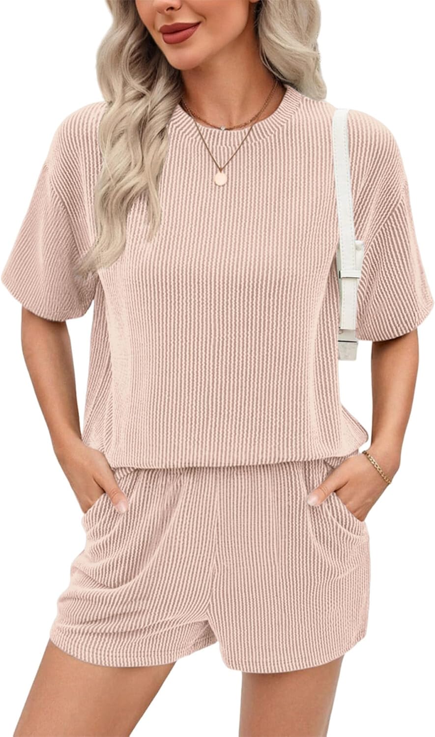 Ekouaer Short Sets for Women 2 Piece Outfits Summer Loose Lounge Set Ribbed Textured Knit Short Sleeve