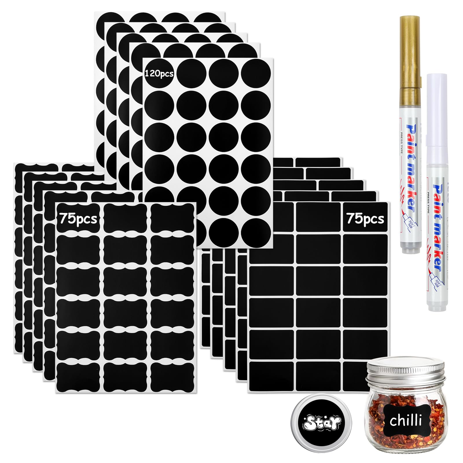 DiULi Labels for Jars 15 Sheets, Waterproof Reusable Chalkboard Style with 2 Acrylic Markers, Self-Adhesive Removable for Kitchen Pantry Food Storage Organisation, Black