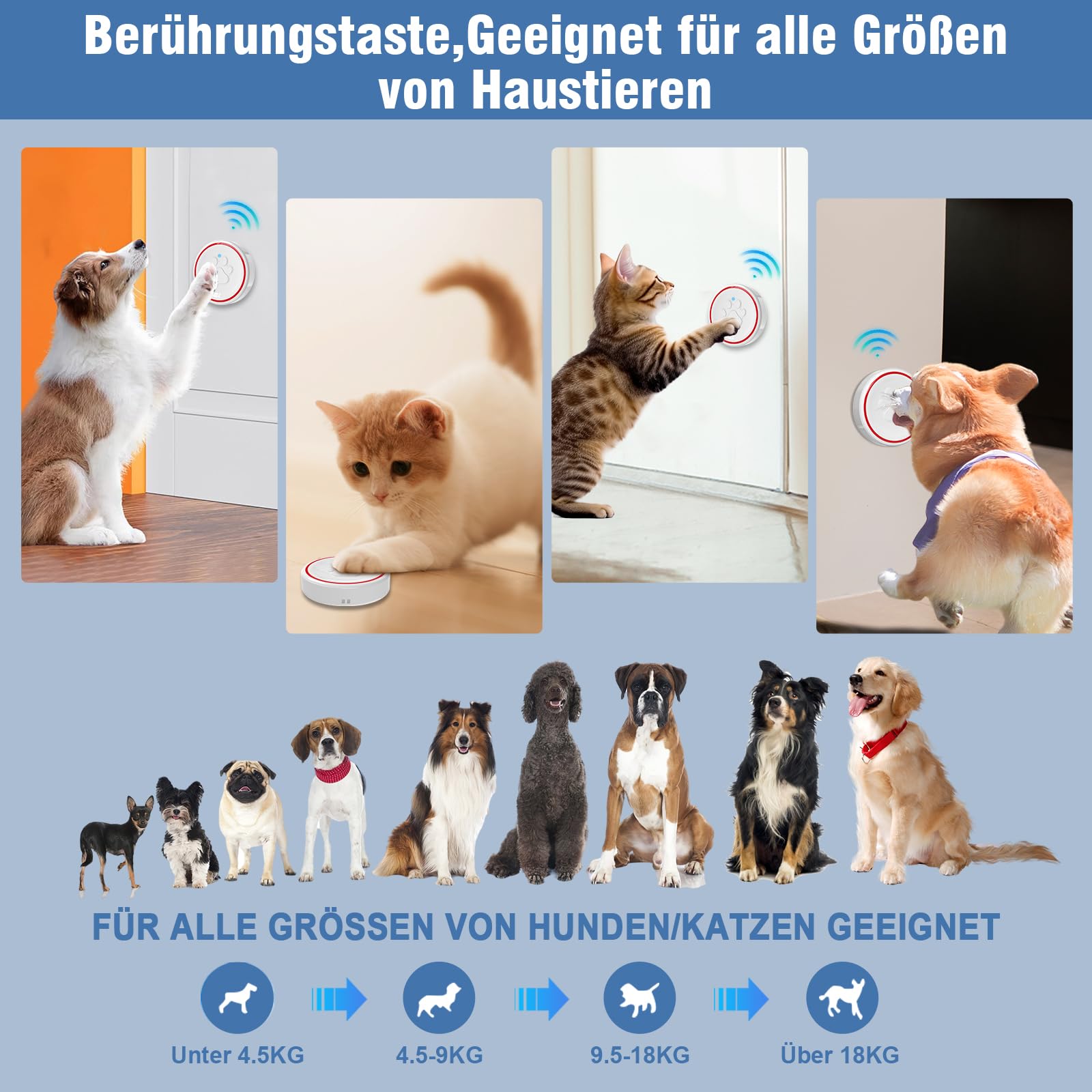 ChunHee Wireless Campanello per Cani Cane/Campanellino Animali Domestici/Funzionamento a 500 Piedi con IP55 Pulsante a Sfioramento Impermeabile 52Melodie 5Livelli di Volume Flash LED