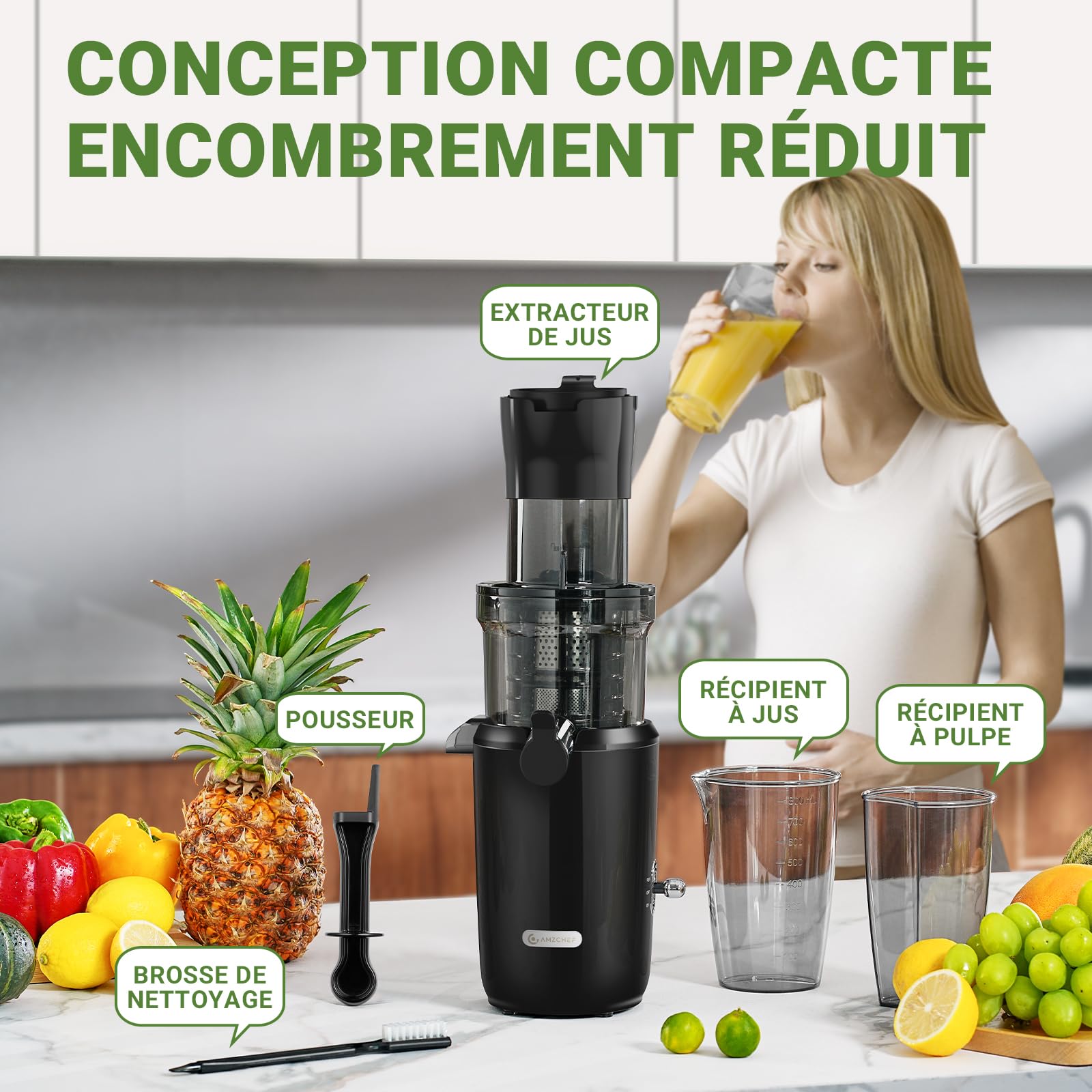 AMZCHEF Extracteur De Jus Pour Fruits Entiers 80MM - Centrifugeuse Sans BPA 200W - Avec Tarière Améliorée, Filtre Double Couche, Moteur Silencieux - Noir