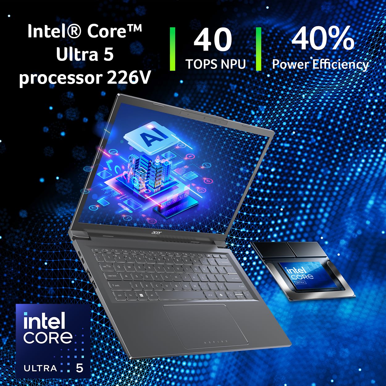 Acer Aspire 14 AI Copilot+ PC | 14" WUXGA Display | Intel Core Ultra 5 Processor 226V | NPU: Up to 40 Tops - GPU: Up to 53 Tops | Intel ARC 130V | 16GB LPDDR5X | 512GB SSD | Wi-Fi 6E | A14-52M-51S1
