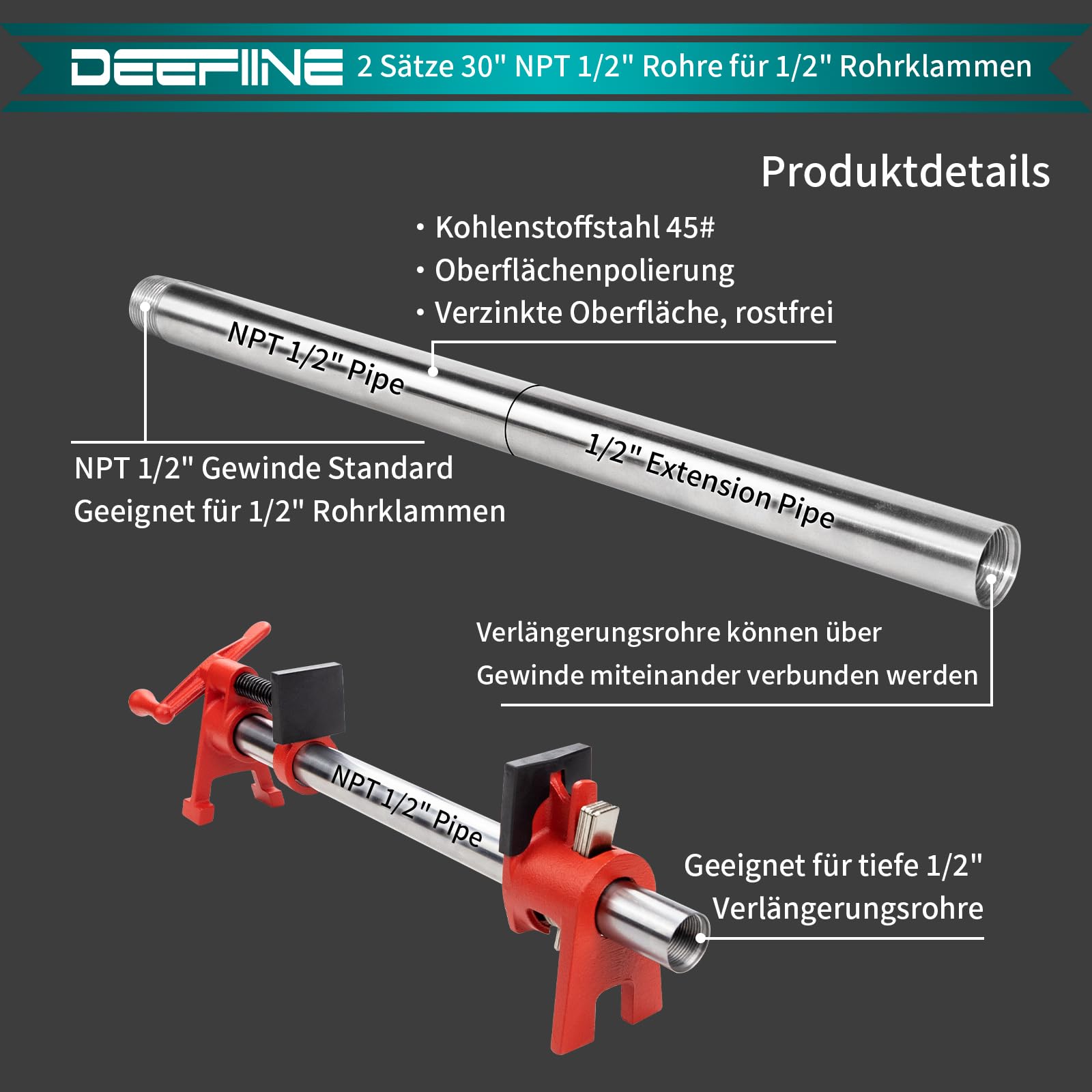 2 Stück 76cm 1/2 Zoll Gewindestandard Edelstahl-Rohrverschraubung Fit rohr-schraubzwinge 1/2 zoll mit 2 Stück 76cm Verlängerungsstänge aus Edelstahl