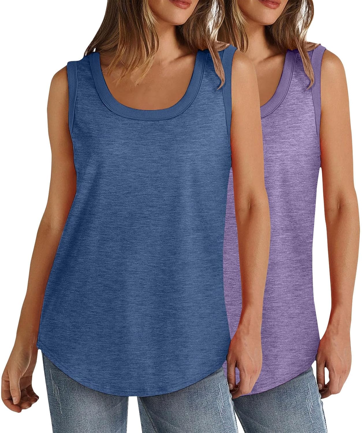 Lmdudan 3 Pcs Tank Tops for Womens 2024 Summer Loose Sleeveless Tops Ribbed Trim Scoop Neck Curved Hem Tees Fashion Shirts