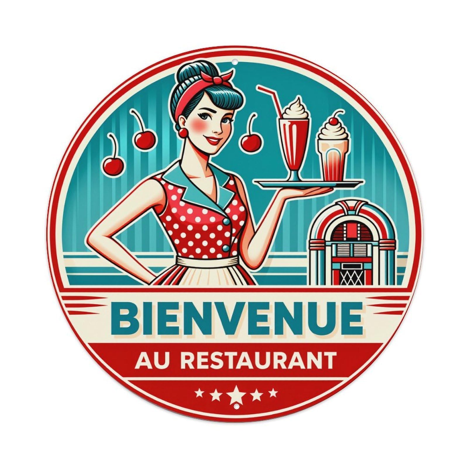 Retro Pinup Waitress Jukebox Cherry Vintage Metal Tin Sign Retro Wall Decor for Home Bar Garage Cafe, Indoor & Outdoor Decorative，circle Metal Poster, 8x8 Inch
