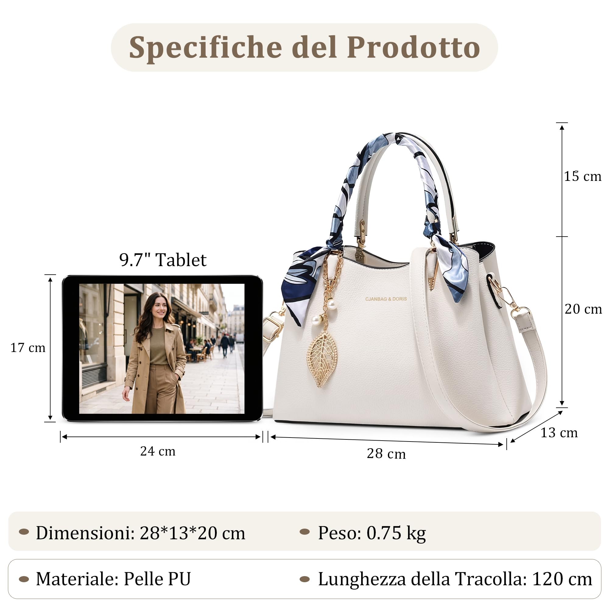 Borsa Donna Borsa a Mano con Squisito Ciondolo Elegante Borsetta Tracolla Pelle PU Borse a Spalla per Festa Shopping Viaggio Bianco